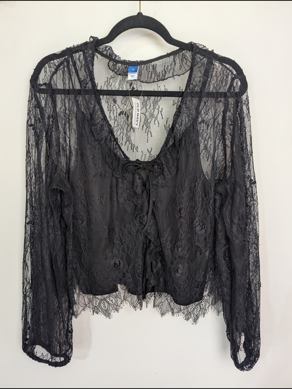 NWT Black Lace Sheer Ruffle Tie Top Size L Witchy Whimsigoth Fall Halloween
